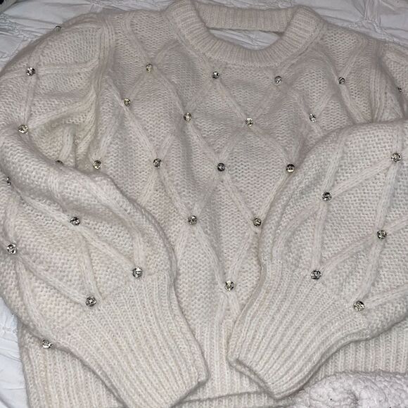 NWT 478.00- ELEVEN SIX ZARIA SWEATER IVORY W/BEADS XS/S OVERSIZED CROP HAND KNIT - Picture 6 of 13